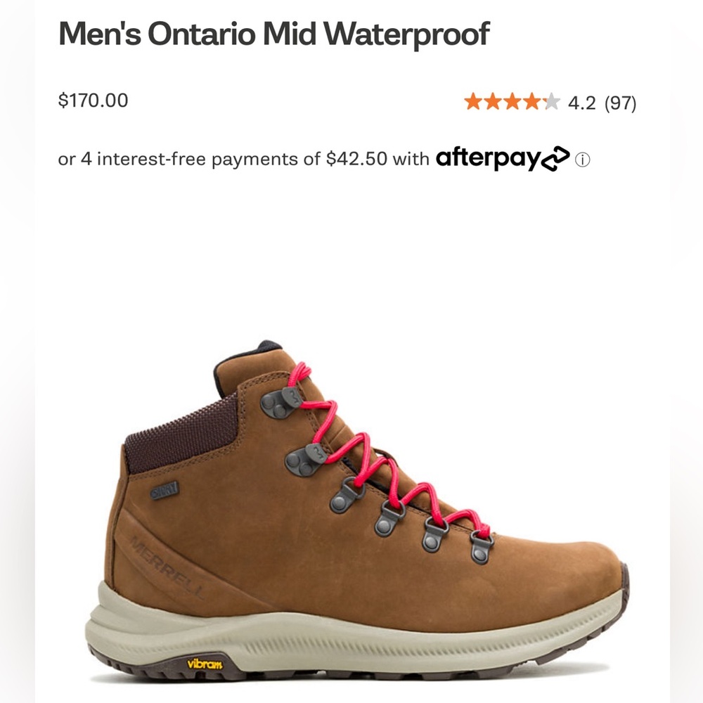 MERRELL Ontario Mid Waterproof Boot - Size 8